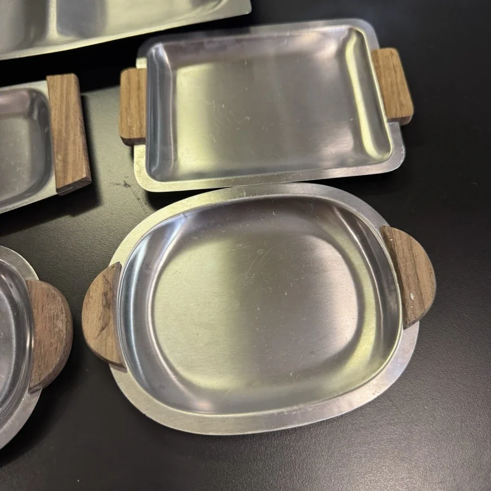 Vintage Imperial‎ Japan Relish Dish Tray Wooden Handles Set Of 5 Stainless MCM